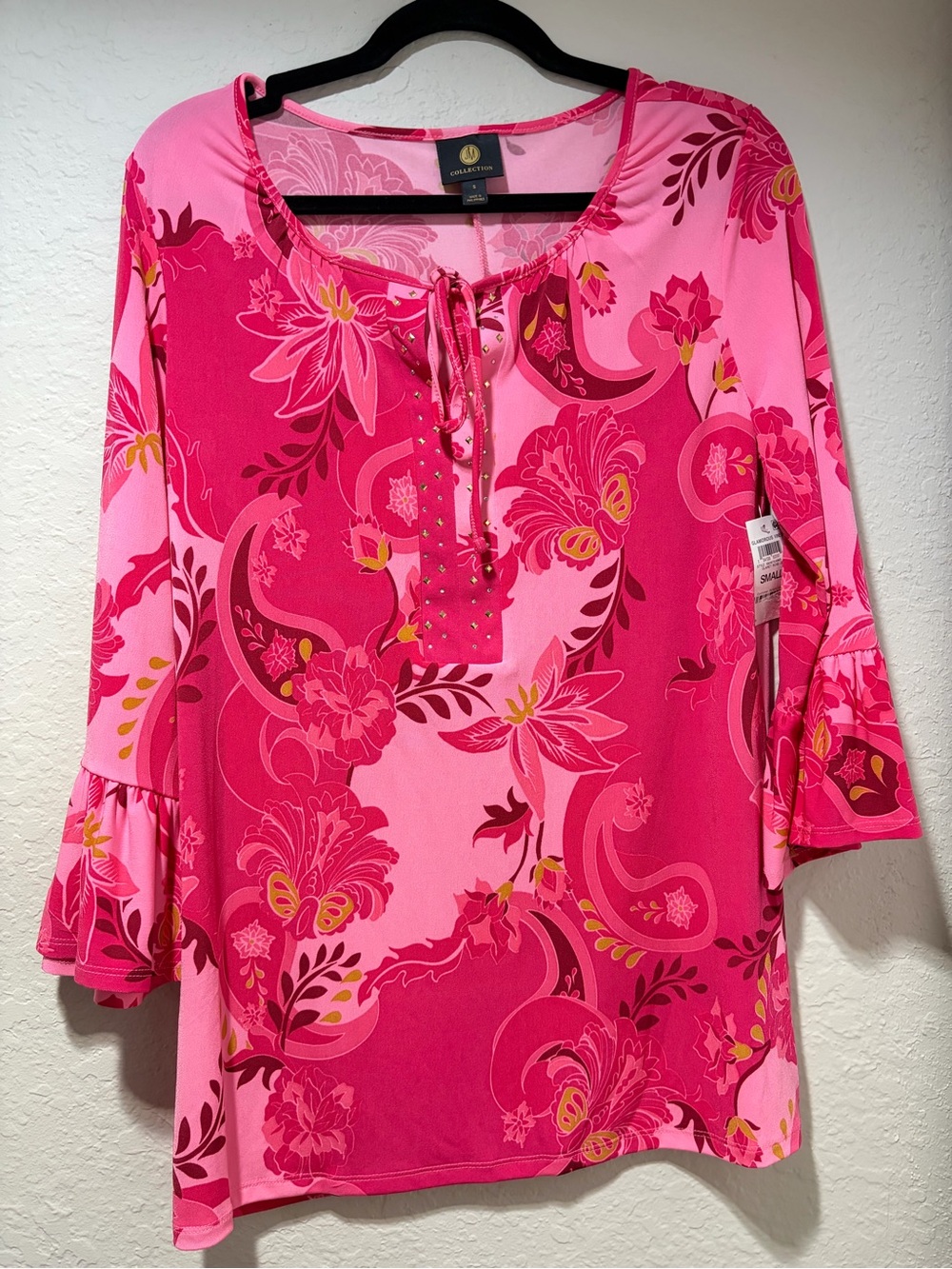 JM Collection Pink Floral Tie-Front Bell Sleeve Tunic